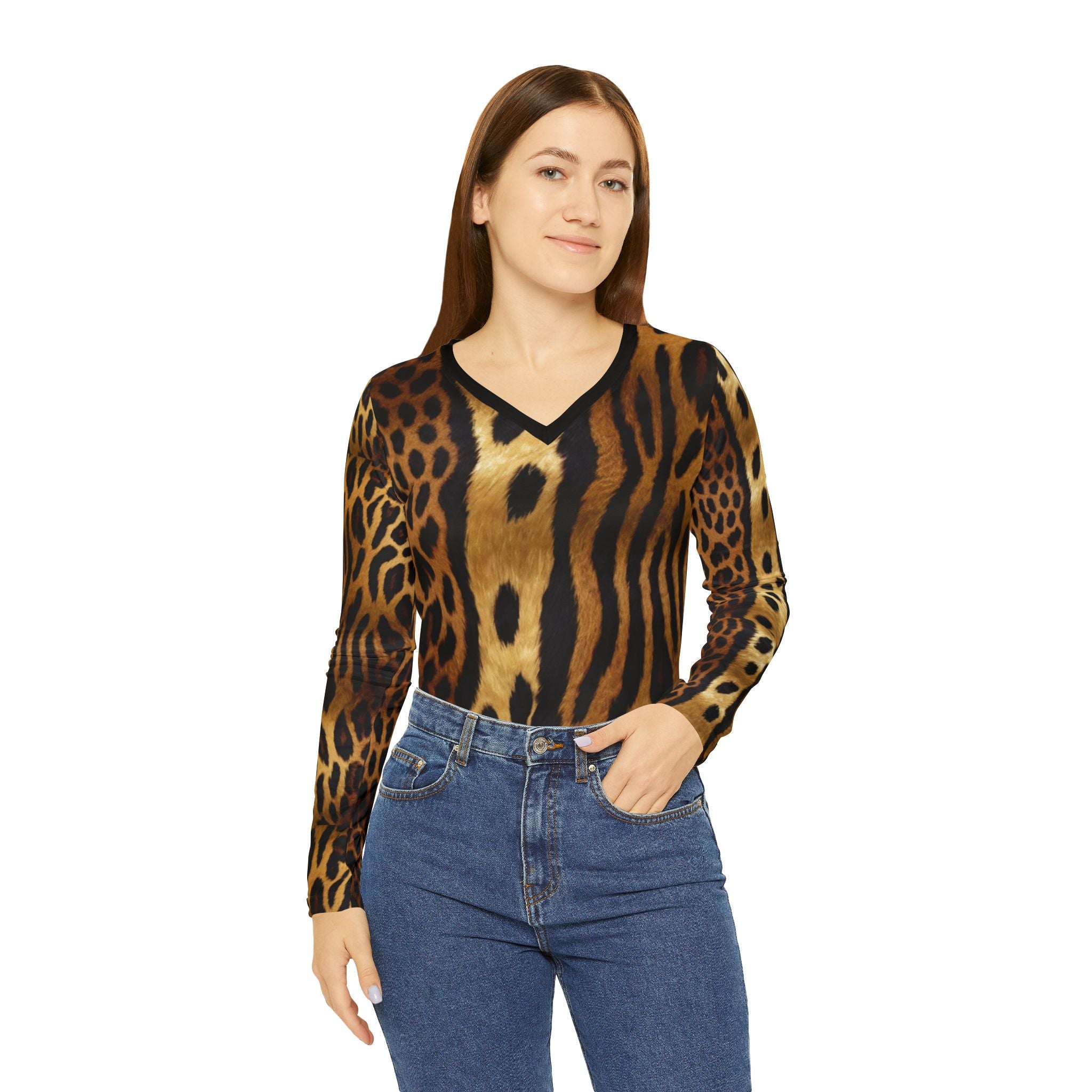 LN&Co Signature Wild Leopard Print Long Sleeve V-Neck Shirt